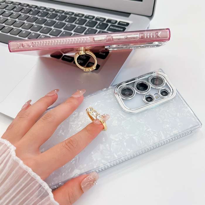For Samsung Galaxy S24 Ultra 5G Plating Glitter Texture Ring Holder TPU Phone Case with Lens Fi