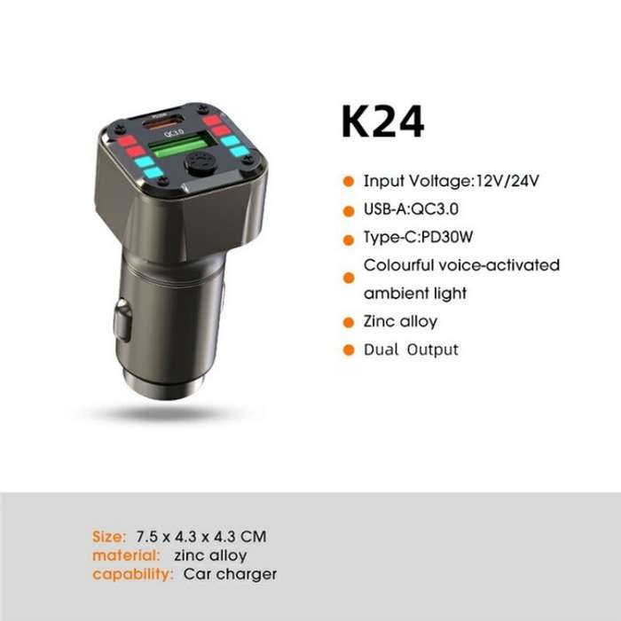K24 Dual Ports Car Charging Adapter Car Charger PD 30W QC 3.0 Super Charger