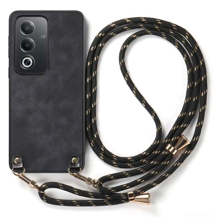 For OPPO Reno6 5G Vintage Leather PC Back Cover Phone Case with Crossbody Strap(Black)