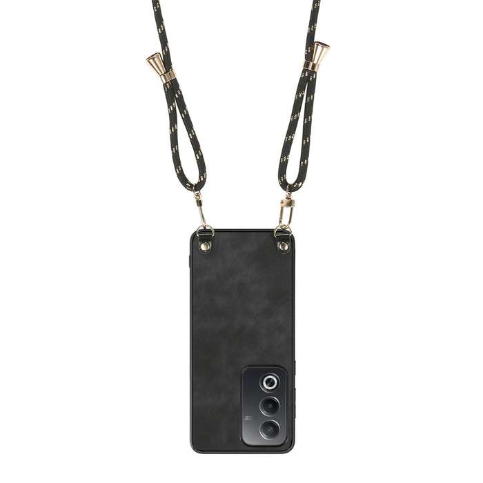 For OPPO Reno6 5G Vintage Leather PC Back Cover Phone Case with Crossbody Strap(Black)
