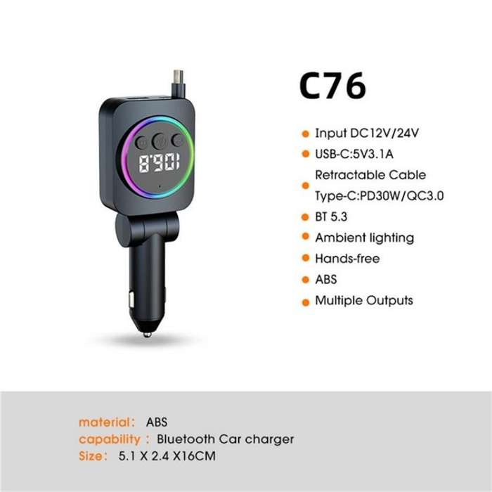 C76 Retractable Cable PD 30W Car Charger Cigarette Lighter Adapter Bluetooth FM Transmitter