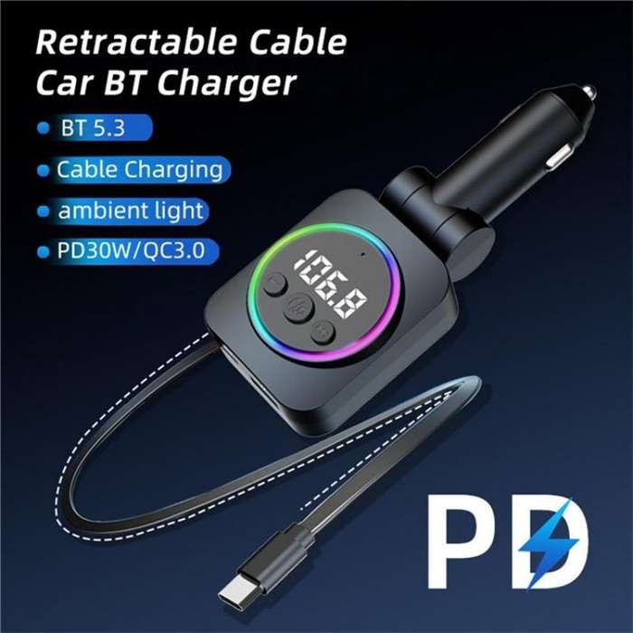 C76 Retractable Cable PD 30W Car Charger Cigarette Lighter Adapter Bluetooth FM Transmitter