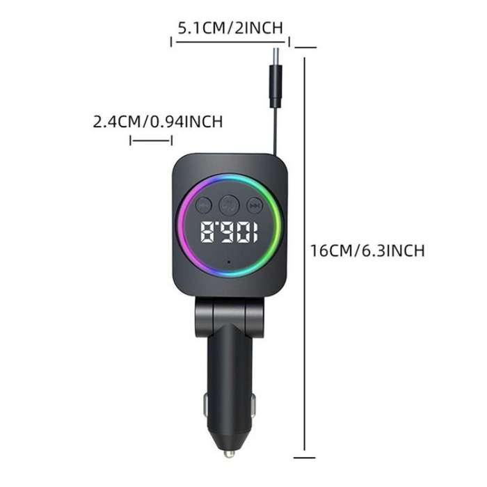 C76 Retractable Cable PD 30W Car Charger Cigarette Lighter Adapter Bluetooth FM Transmitter