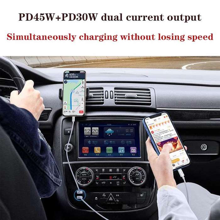 P65 75W Dual Port USB-C / Type-C Car Charger with Type-C to Type-C / 8 Pin Data Cable(Black)
