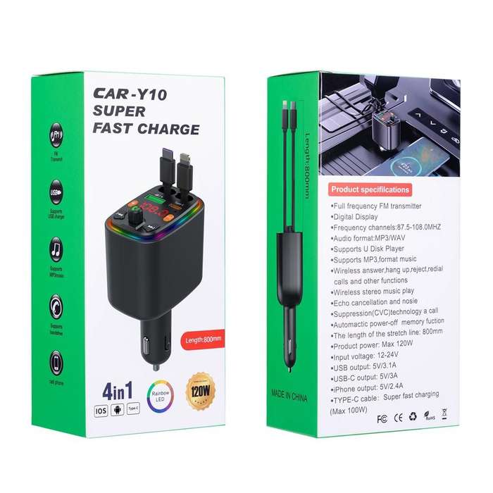 Y10 With Retractable Type C + iP Cable Car Charger FM Transmitter Bluetooth MP3 Player