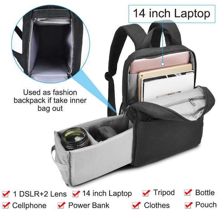 CADeN L4 Double-layer Casual Computer Backpack Multi-function Digital Camera Bag (Black)