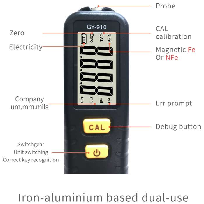 RICHMETERS GY910 Coating Thickness Gauge Metal Probe FE + NFE Iron and Aluminum Dual Use