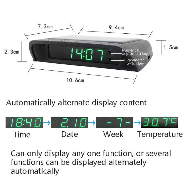 Solar Night Light Car Clock Automotive Electronic Clock Temperature Time+Date+Week+Temperature(Blue