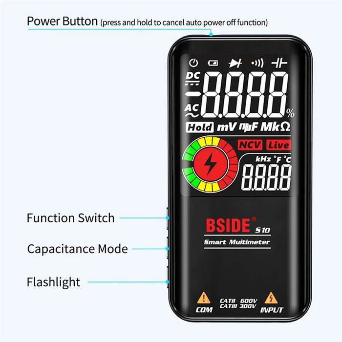 BSIDE Digital Multimeter 9999 Counts LCD Color Display DC AC Voltage Capacitance Diode Meter, Specif