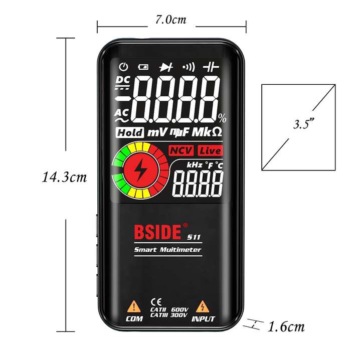 BSIDE Digital Multimeter 9999 Counts LCD Color Display DC AC Voltage Capacitance Diode Meter, Specif