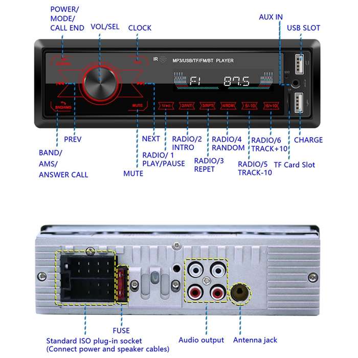 A2818 Car Bluetooth Speakerphone Car MP3 Player Function Touch Double U Disk Colorful Lights Radio,