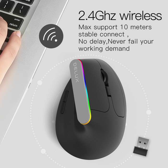 DELUX M618DB 6-Keys 1600 DPI RGB Vertical Wireless Bluetooth Dual-Mode Mouse(Lithium Bluetooth Versi