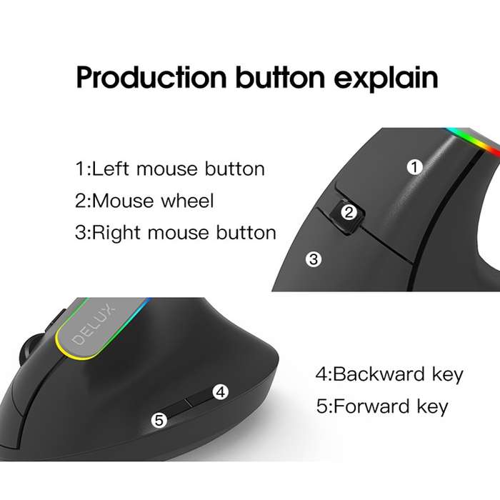 DELUX M618DB 6-Keys 1600 DPI RGB Vertical Wireless Bluetooth Dual-Mode Mouse(Lithium Bluetooth Versi