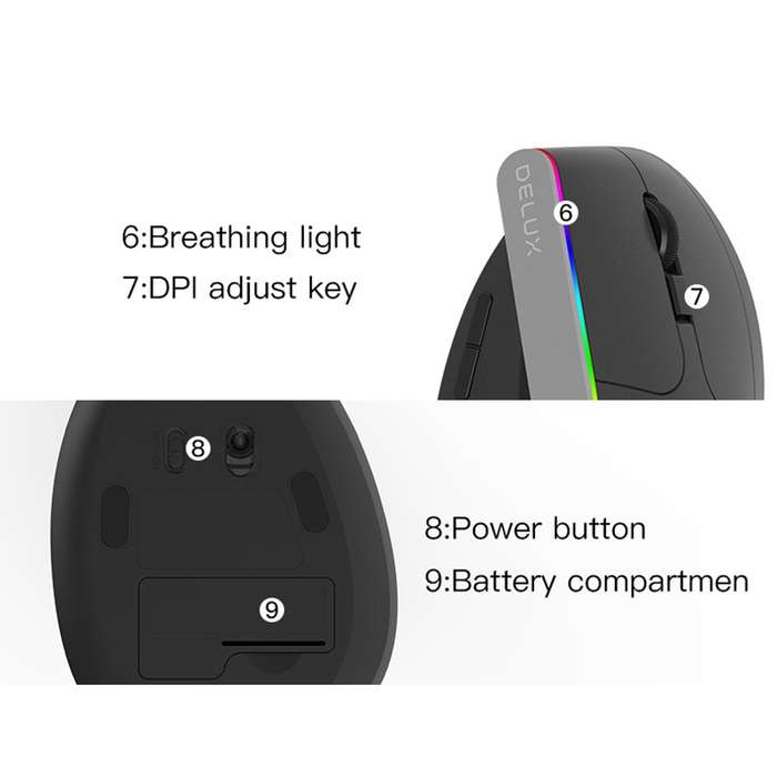 DELUX M618DB 6-Keys 1600 DPI RGB Vertical Wireless Bluetooth Dual-Mode Mouse(Lithium Bluetooth Versi
