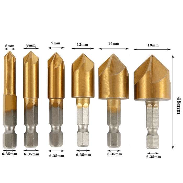 6 PCS / Set 6-19mm Hexagonal Handle Titanium-Plated Five-Blade Chamer 90 Degree Chamfer Knife Drill