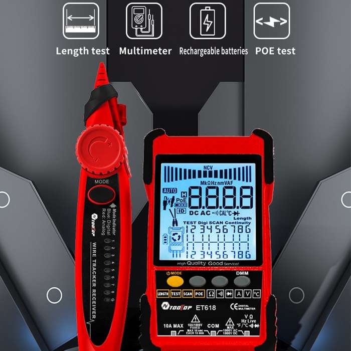 ET618 Rechargeable Adjustable Network Cable Tester Wire Tracker POE Cable Tester (Red)