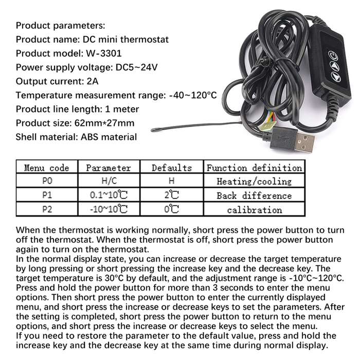 W-3301 Intelligent Digital Display Thermostat Pet Heating Pad Milk Warmer Thermostat Controller(Blac