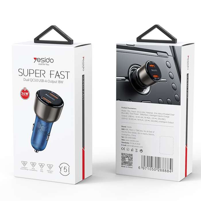 Yesido Y51 36W Dual-channel Fast Charging Zinc Alloy QC3.0 Car Charger(Black)