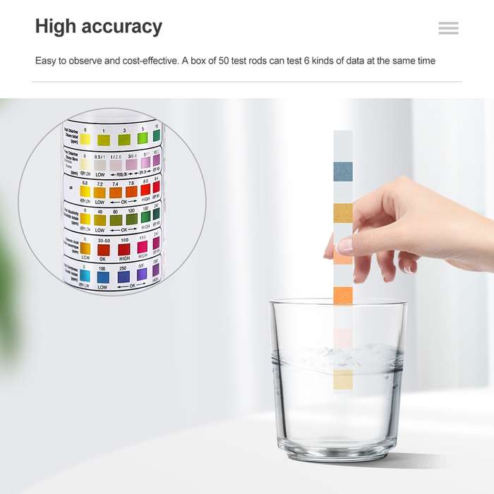 50pcs PH075 6 In 1 Residual Chlorine PH Water Quality Detector PH Test Paper, Package Random Deliver