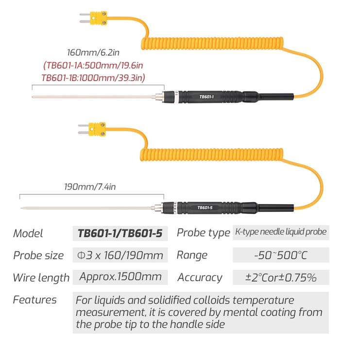 TASI TB601-5 Pointed Needle Liquid Probe K-Type Probe Use With Thermometer