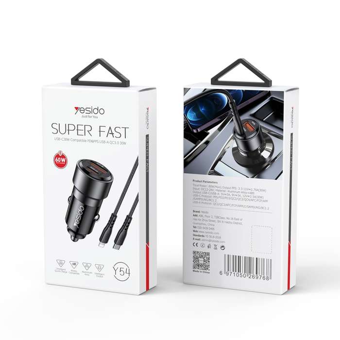 Yesido Y54 With 8 Pin To Type-C/USB-C Line Car Charger QC3.0+PD30W Type-C/USB-C+USB Dual Port Quick