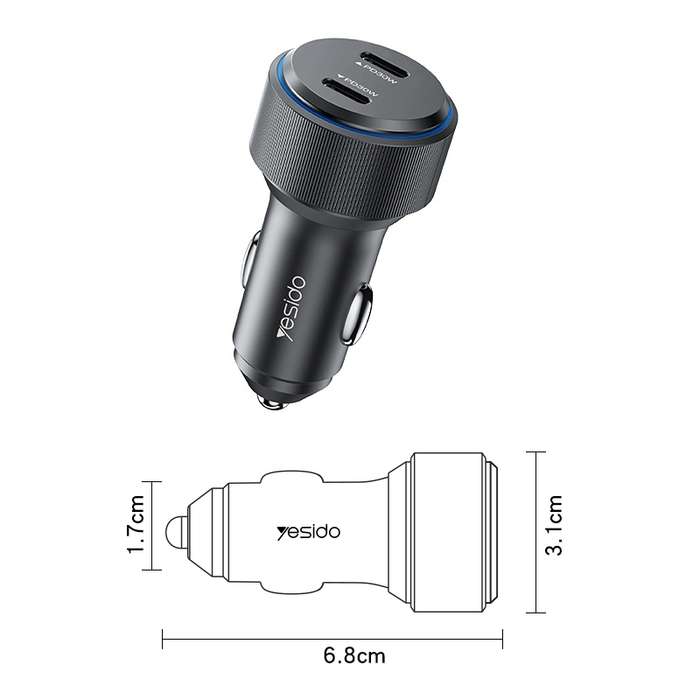 Yesido Y48 60W Car Fast Charger Aluminum Aluminum Double Type-C/USB-C Port Car Charger(Black)