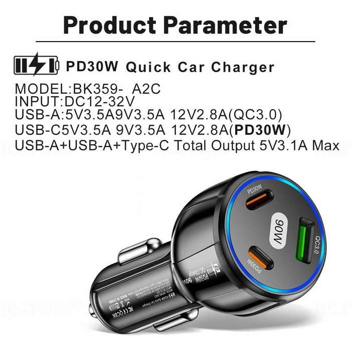 90W Super Fast Charging USB-C Car Charger Dual PD 30W+QC3.0 Charging Station(White)