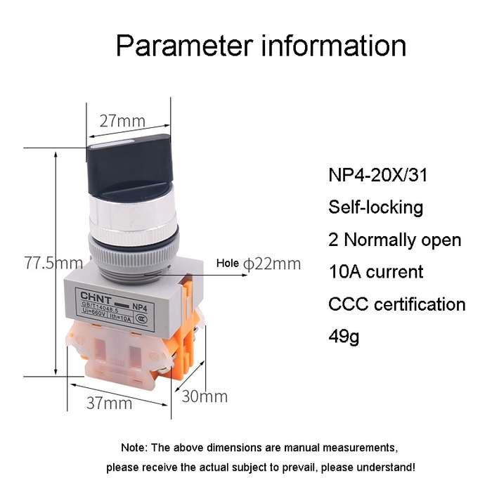 CHNT NP4-20X/31 Rotary Button 3-Position Self-Locking Transfer Switch Contacts 2 Normally Open