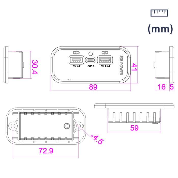 12/24V USB+Type-C Car, RV, Boat Mobile Phone Charger Modification(Silver 2.1A+1A+PD3.0)
