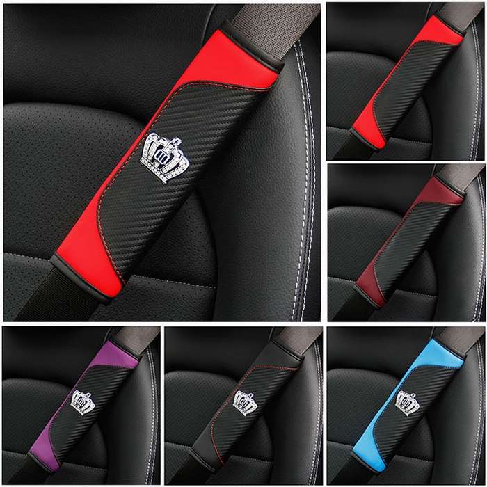 Car Seat Belt Cover Carbon Fiber Leather Auto Seat Shoulder Protection, Style: Crown Wine Red