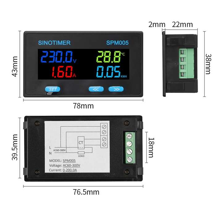 SINOTIMER SPM005 AC Digital Display Voltage Current Power Electricity Multifunctional Monitoring Met