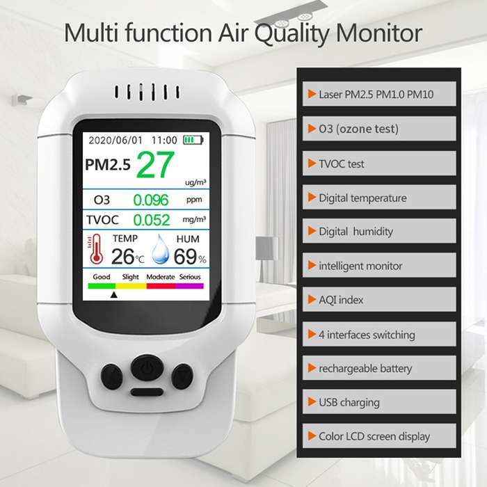 8-In-1 Air Quality Detector PM2.5 / PM1.0 / PM10 / HCHO / TVOC / O3 / Temperature / Humidity Monitor