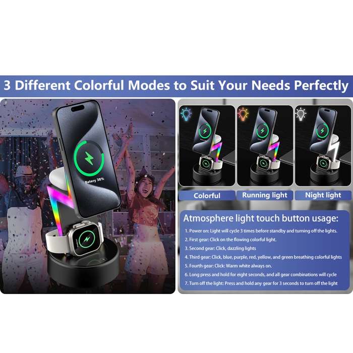 For Apple Series 3 In 1 RGB Light Magsafe Magnetic Mobile Phone Holder Wireless Charger(White)