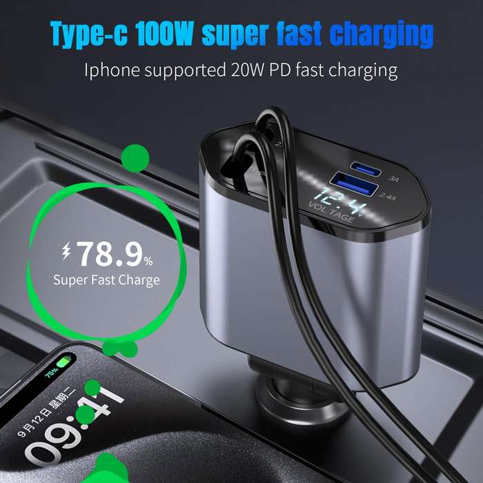 4-In-1 120W Multifunctional USB Retractable Dual-Line Digital Display Car Fast Charger(8 Pin + Type-