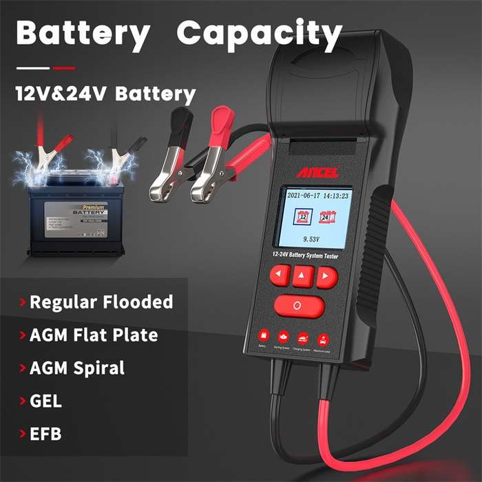 ANCEL 12V/24V Printer-Type Car Battery Tester Battery Power CCA Internal Resistance Life Detector(BS