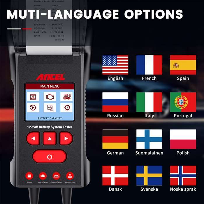 ANCEL 12V/24V Printer-Type Car Battery Tester Battery Power CCA Internal Resistance Life Detector(BS