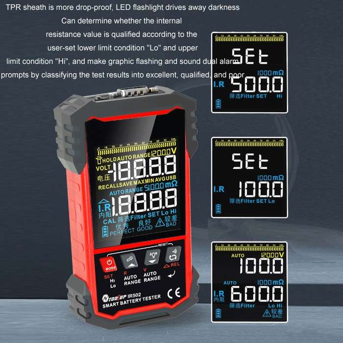 Battery Internal Resistance Tester Lead-Acid Alkaline Lithium Battery Tester, Model: IR502
