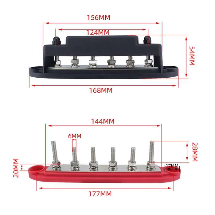 M6 RV Yacht High Current 6-column 250A Base Busbar, Color: Black with Accessories