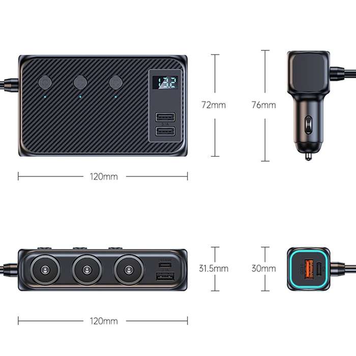 C29 9 In 1 Car Cigarette Lighter Powerful Fast Charger With Voltage Display