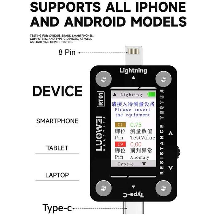 LUOWEI RT01 Type-C To 8 Pin Detachable Cell Phone Rear Plug Auto Tester