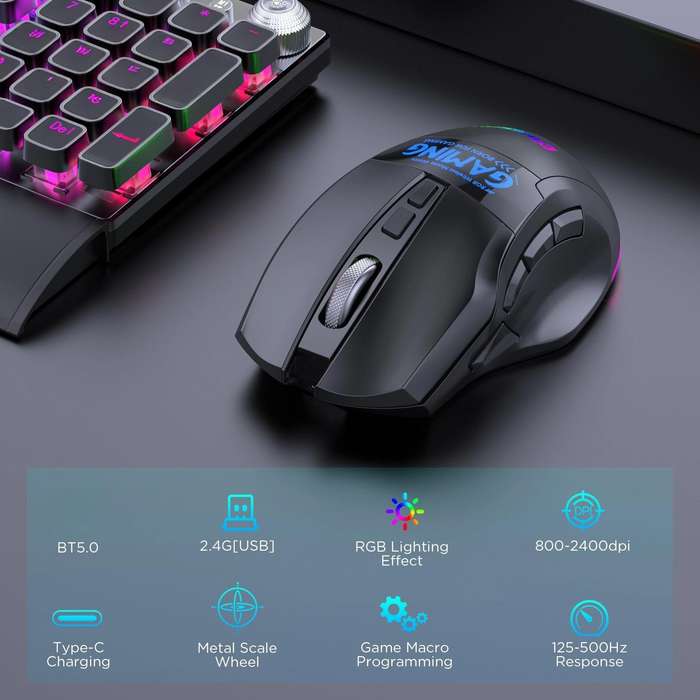 MKESPN W10 Tri-Mode Wireless Gaming Mouse 2400DPI with 9 Programmable Buttons, RGB Lighting, Type-C