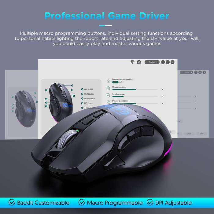 MKESPN W10 Tri-Mode Wireless Gaming Mouse 2400DPI with 9 Programmable Buttons, RGB Lighting, Type-C