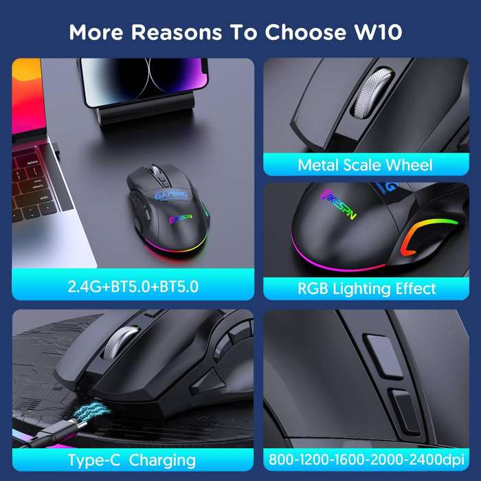 MKESPN W10 Tri-Mode Wireless Gaming Mouse 2400DPI with 9 Programmable Buttons, RGB Lighting, Type-C
