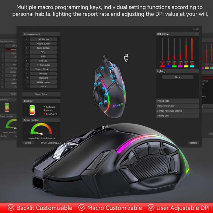 MKESPN W605 Triple-Mode 24000 DPI 12-key Wireless Gaming Mouse Macro Customization(Black)