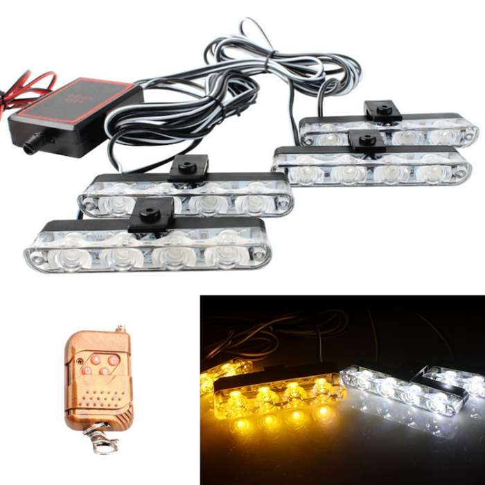 4 in 1 Car 16LEDs Grille Flash Lights Warning Lights with Wireless Remote Control(White Yellow)