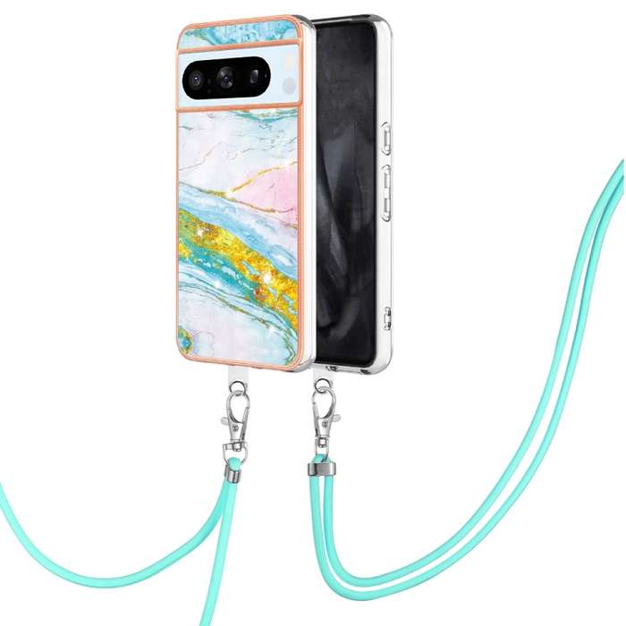 For Google Pixel 8 Pro Electroplating Marble Dual-side IMD Phone Case with Lanyard(Green 004)