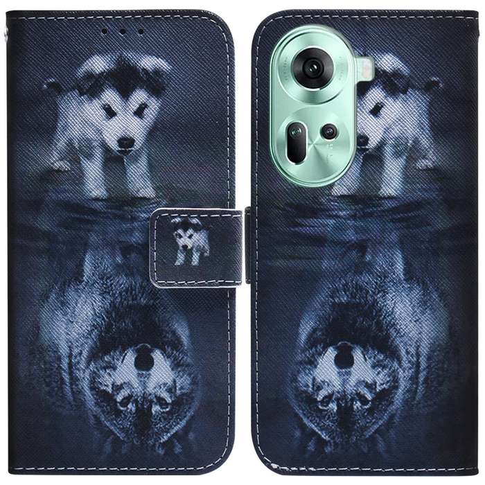 For OPPO Reno11 Global Coloured Drawing Flip Leather Phone Case(Wolf and Dog)