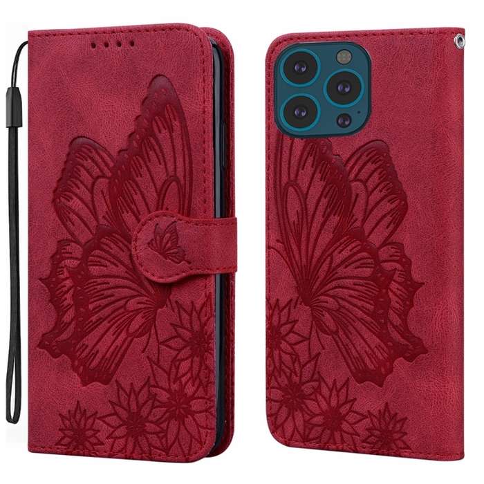 For iPhone 15 Pro Max Retro Skin Feel Butterflies Embossing Leather Phone Case(Red)