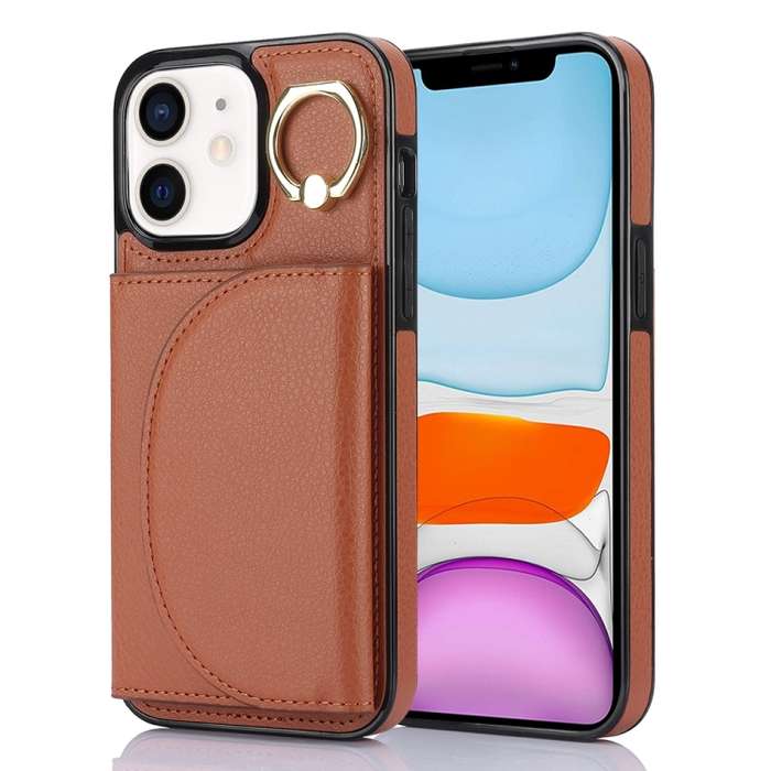 For iPhone 11 YM007 Ring Holder Card Bag Skin Feel Phone Case(Brown)