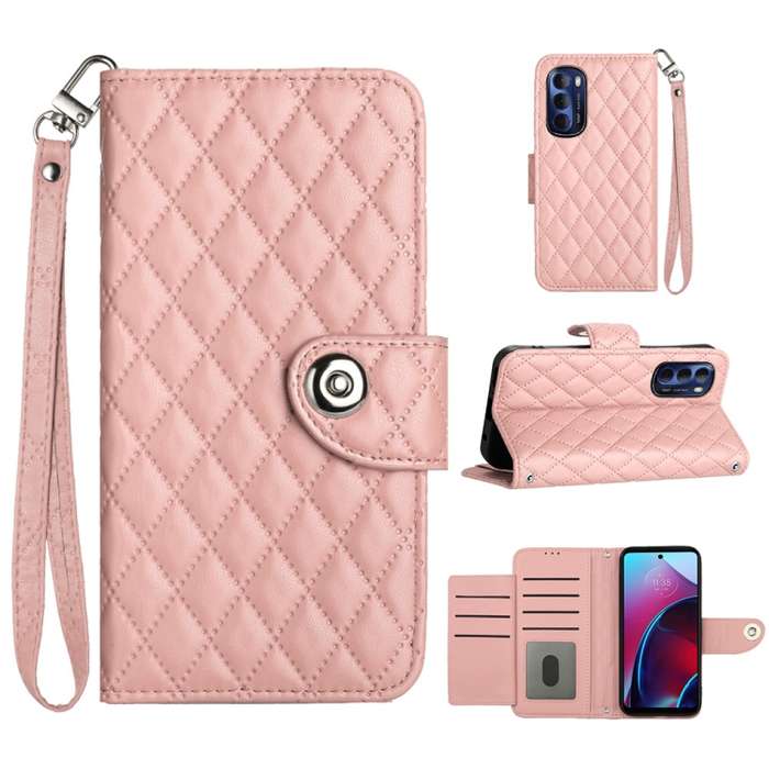 For Motorola Moto G Stylus 4G 2022 Rhombic Texture Flip Leather Phone Case with Lanyard(Coral Pink)
